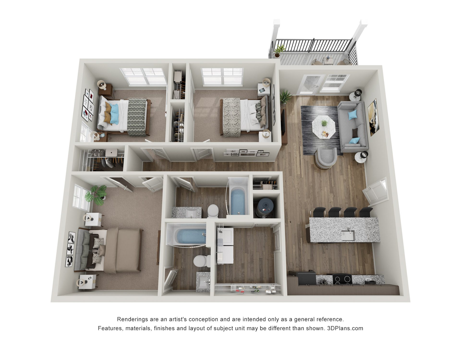 A 3D floor plan of a house with a kitchen, living room, and bathroom.
